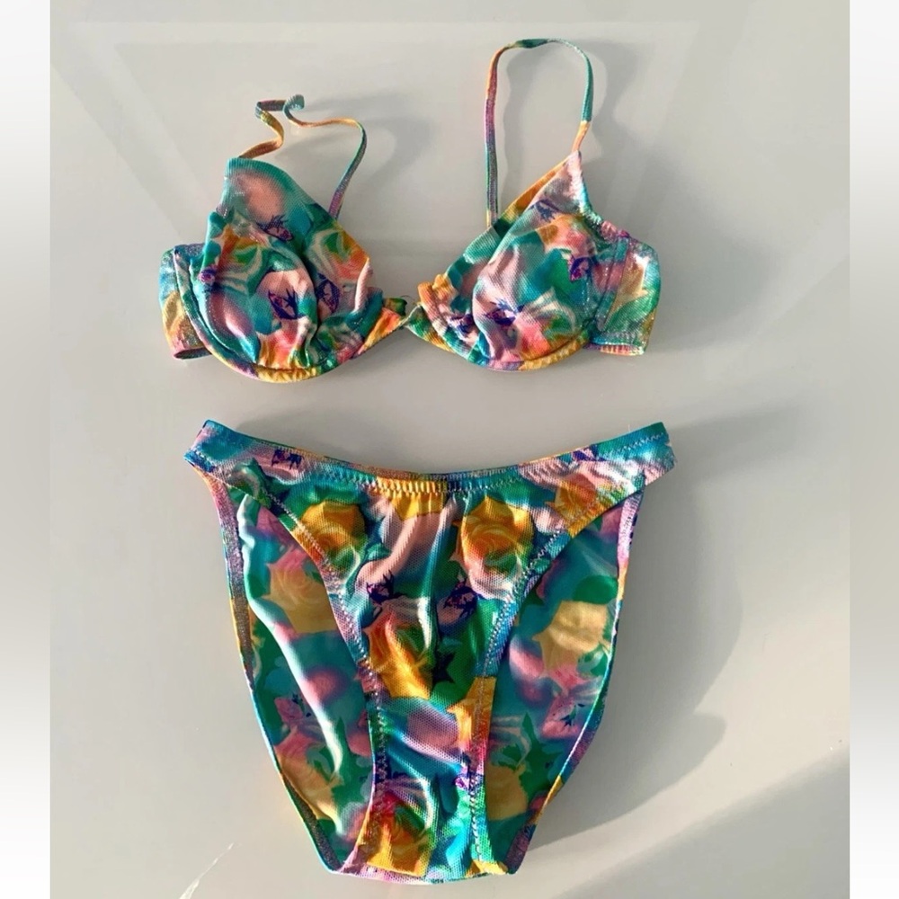 Vintage 80s RitchieSwimwear Metallic Floral High Cut Bikini Size 7/8 Made In USA